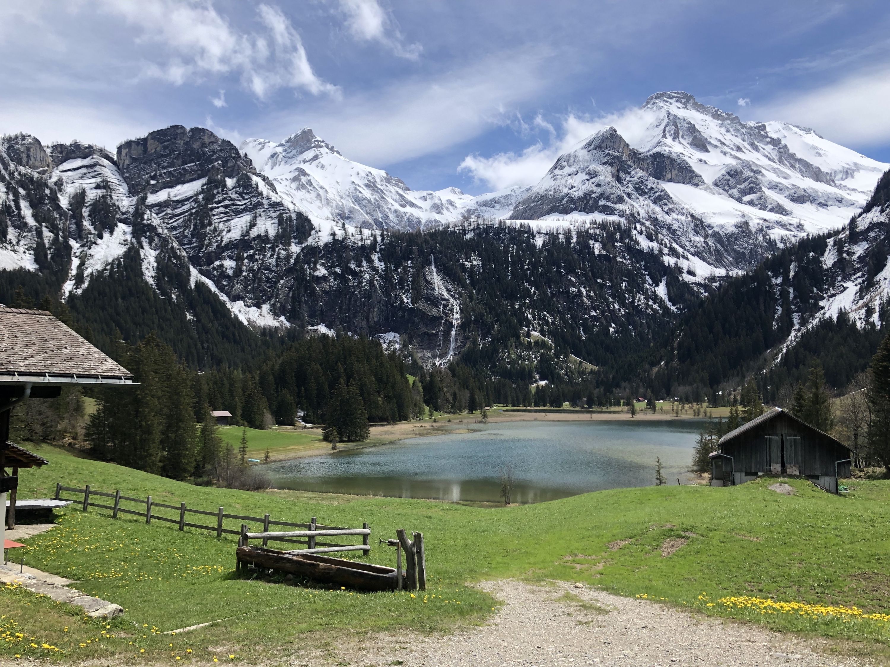 Beautiful picture of mountains rising behind a lake